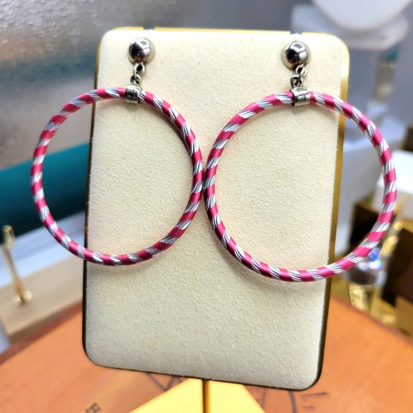 Hula Hoop Metal Earrings / Candy Cane Stripes / Pink & Silver / Pierced - Picture 1 of 4